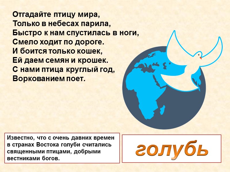 Отгадайте птицу мира, Только в небесах парила, Быстро к нам спустилась в ноги, Смело